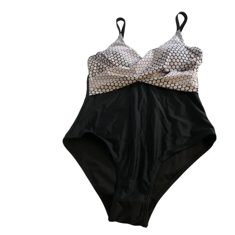 B2Prity Black White Polka Dot Wrap One-Piece Swimsuit Womens Size Large NEW